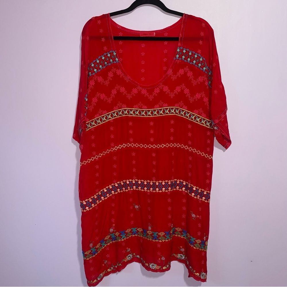 Johnny Was Red Tunic with Multicolor Embroidery